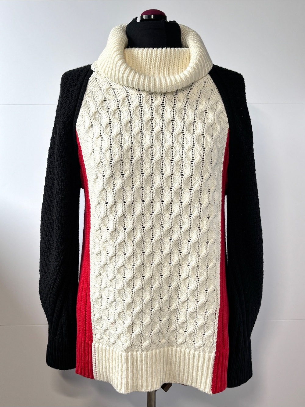 Talbots Colorblock Cable Knit Turtleneck Sweater Large Red Black Cream